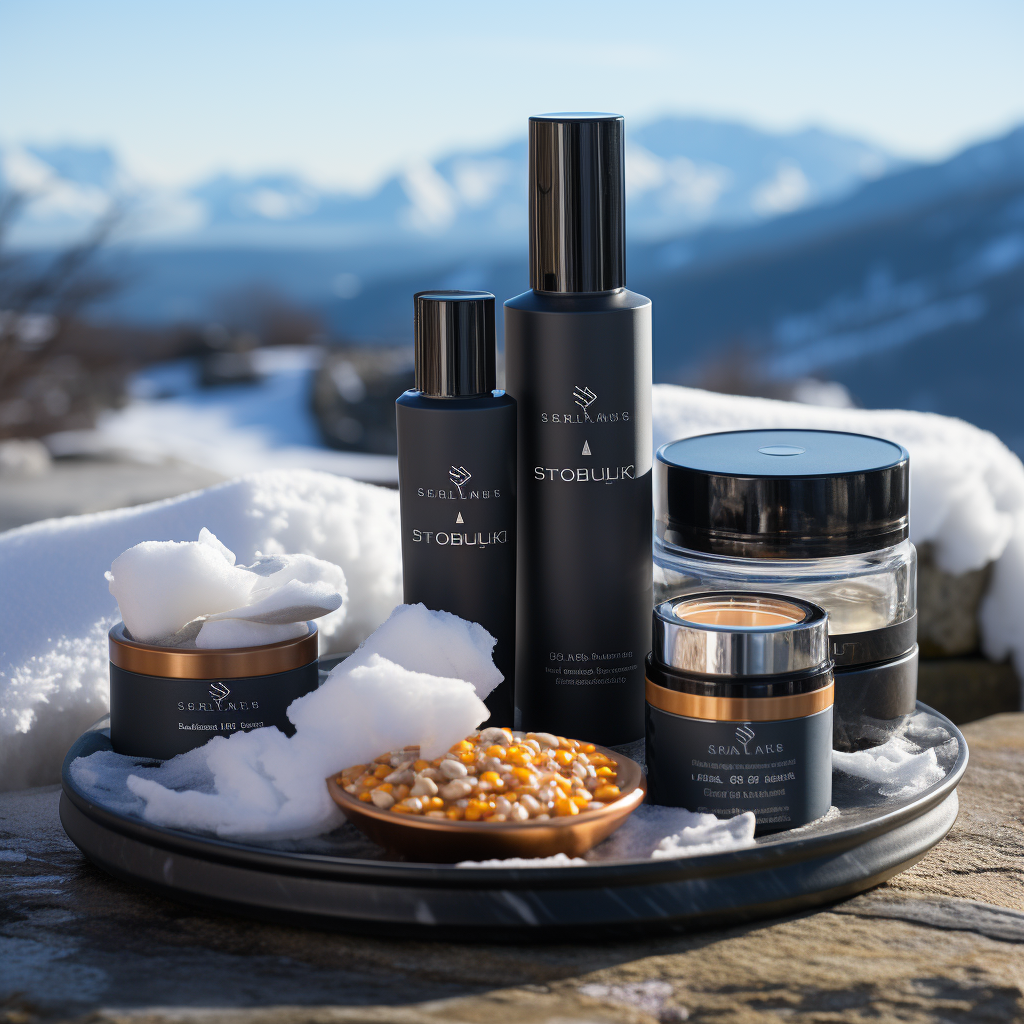 Winter skincare products set against a snowy backdrop.