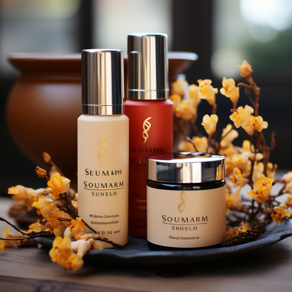 Skincare products with colorful autumn leaves