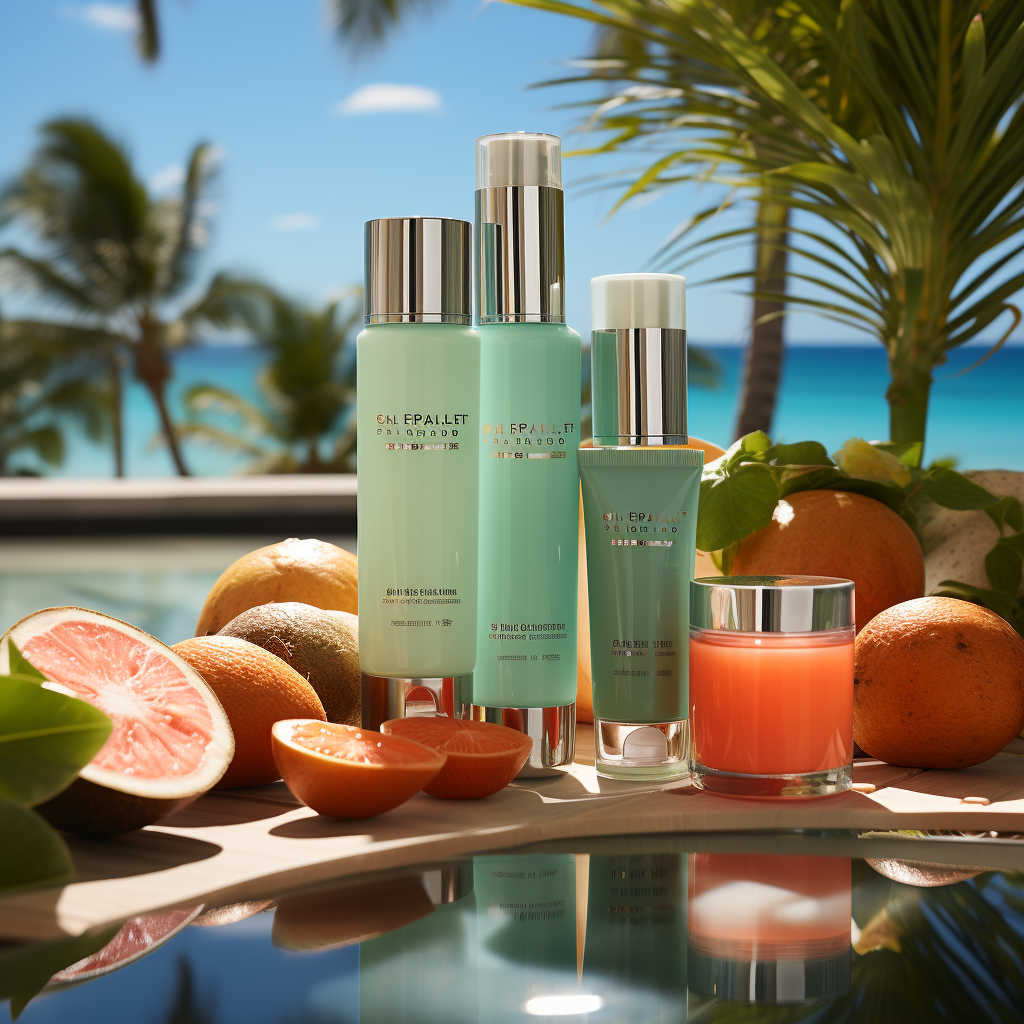 Skincare products with a tropical summer background