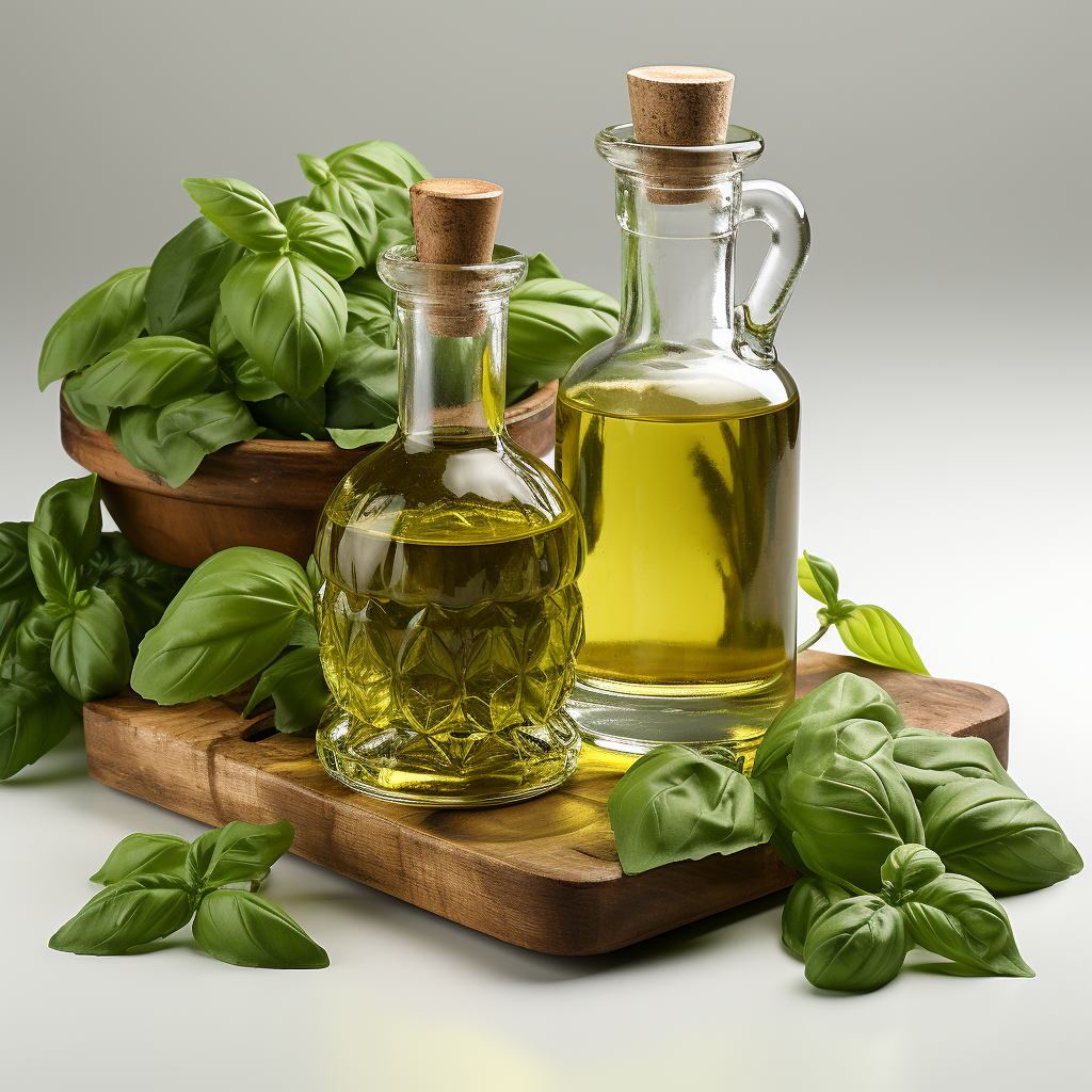 Basil Essential Oil: A clear, pale yellow to amber oil with a warm, spicy, and herbal aroma.