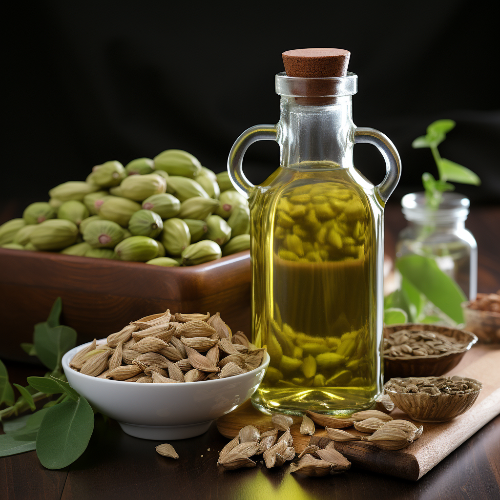 Cardamom Essential Oil: A clear, pale yellow liquid with a sweet, spicy, and slightly fruity aroma.