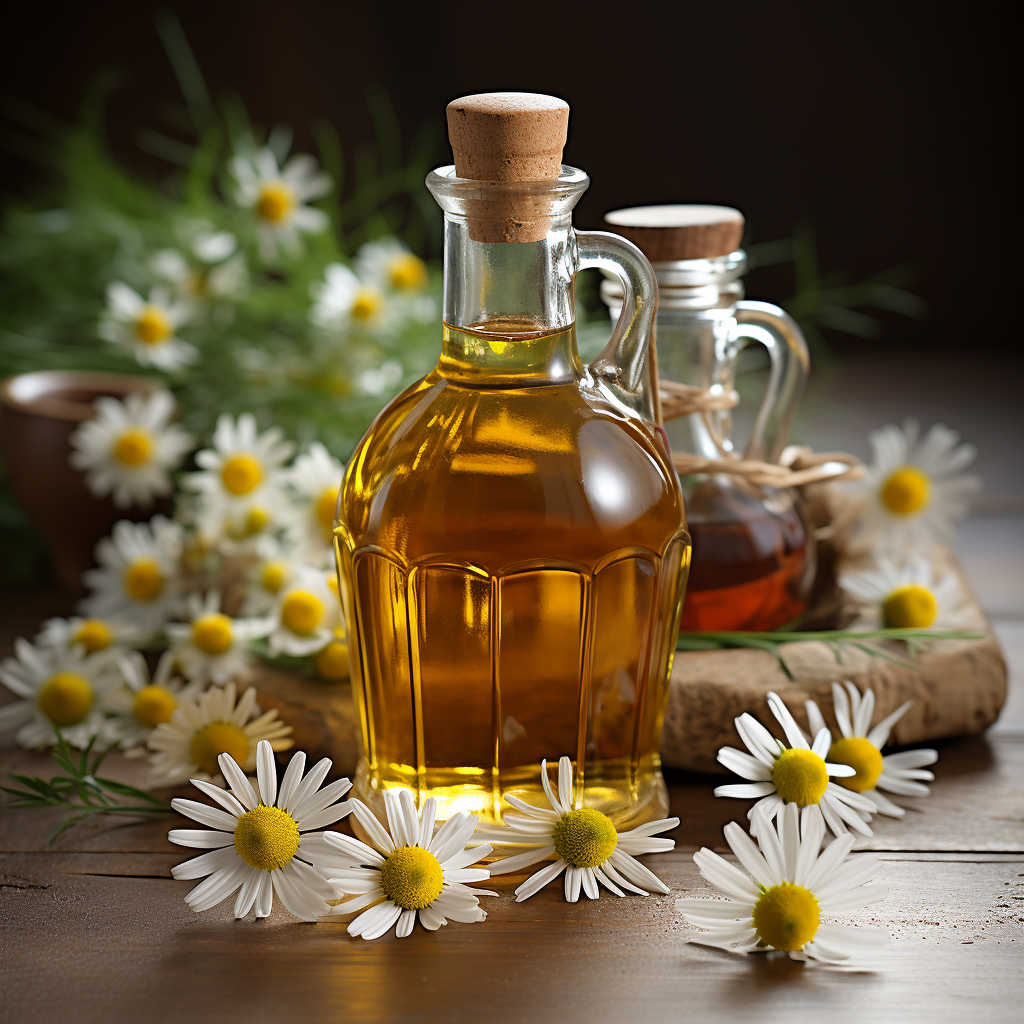 Chamomile Essential Oil: Pale blue to yellow liquid with a sweet, fruity-herbaceous scent.