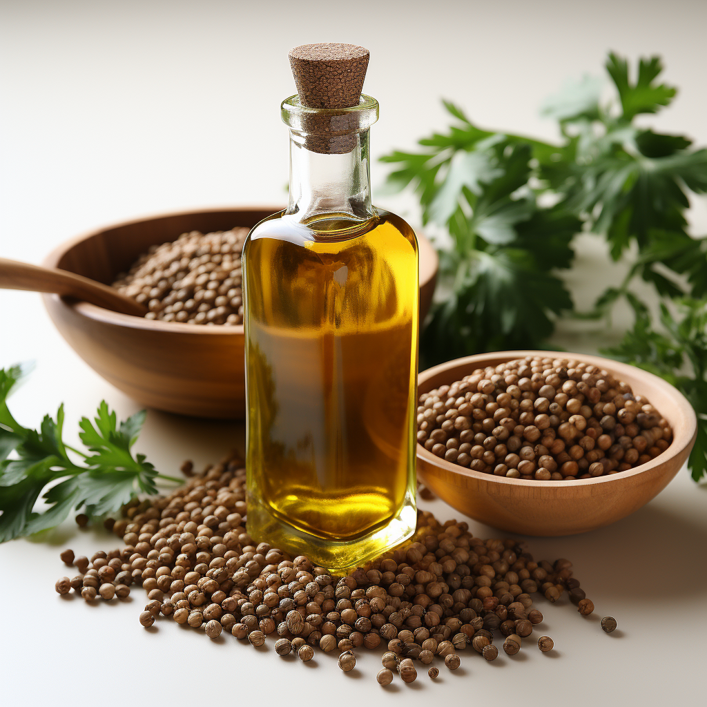 Coriander Seed Essential Oil: Clear to pale yellow liquid with a warm, spicy, slightly sweet aroma.