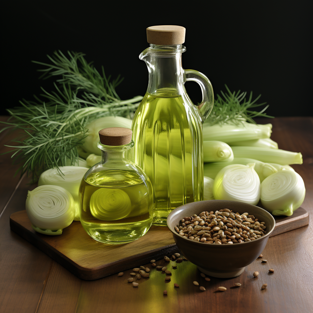 Fennel Essential Oil: a clear to pale yellow liquid with a characteristic sweet, earthy, and licorice-like aroma.