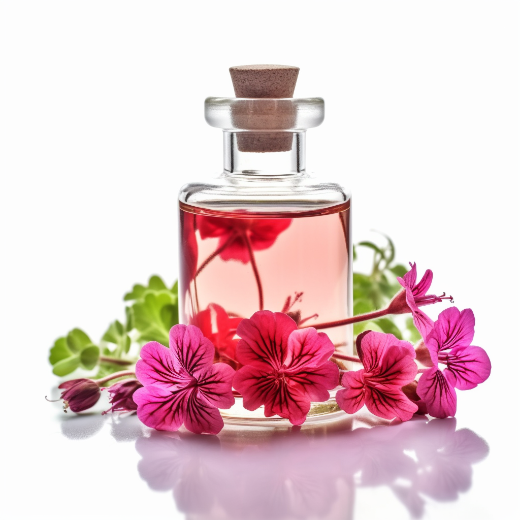 Geranium Essential Oil: a clear to light green liquid with a sweet, floral aroma.