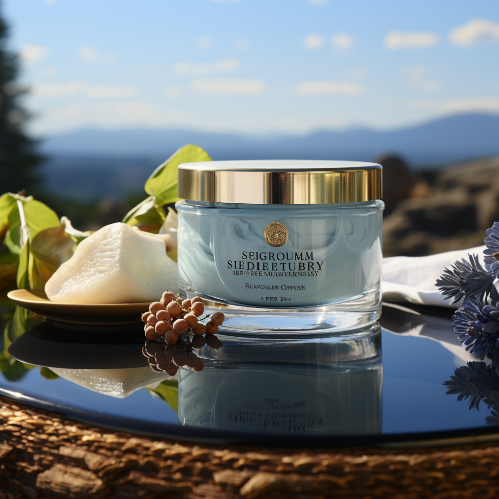 a luxurious Day Cream in a Heavyweight Glass Jar with ingredients labeled as "Made with Organic Ingredients" on a Sky Blue background
