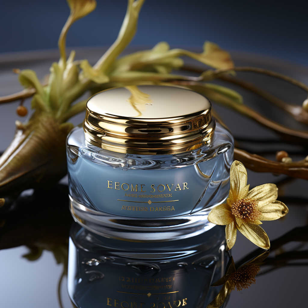 a luxurious Eye Gel made with ingredients labeled as "Made with Organic Ingredients" in Glass Jar with Gold/Silver Lid on a soft blue background