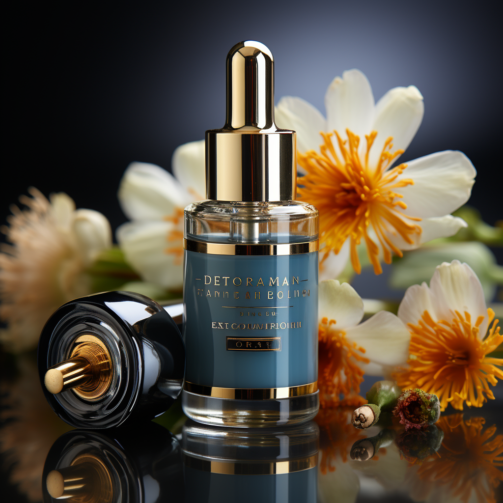 a luxurious Eye serum made with ingredients labeled as "Made with organic Ingredients" in Glass Dropper Bottle on a soft blue background