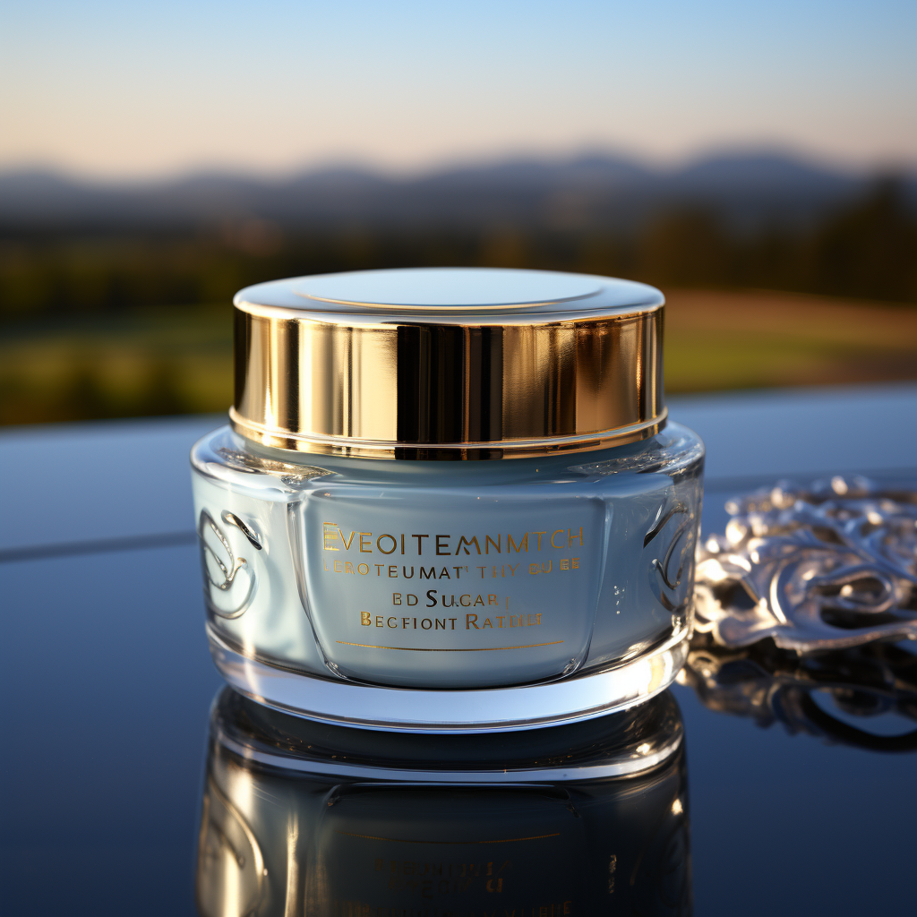 a luxurious Night Cream in a Frosted Heavyweight Glass Jar with a metal lid with ingredients labeled as "Made with Organic Ingredients" on a Sky Blue background