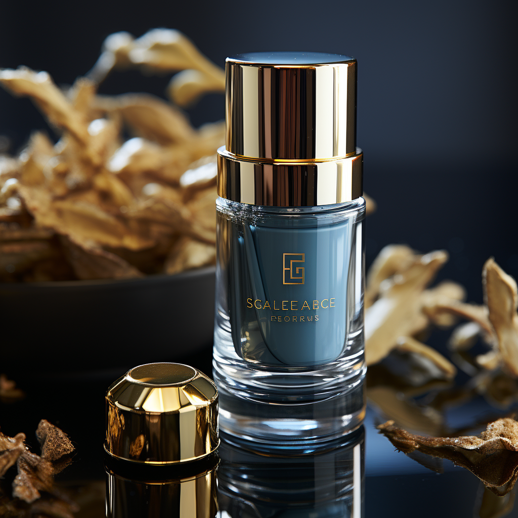 a luxurious eye cream made with ingredients labeled as "Made with Organic Ingredients" in an Airless Pump Bottle With metallic finishe with Precision Nozzle on a soft blue background