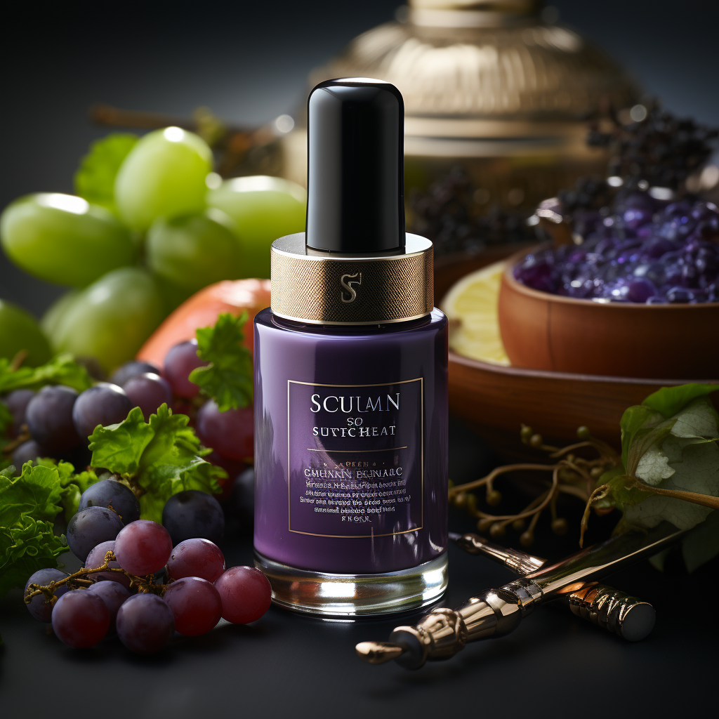 a luxury Anti-Aging Serum with ingredients labeled as "Made with Organic Ingredients" on a background colored Royal Purple