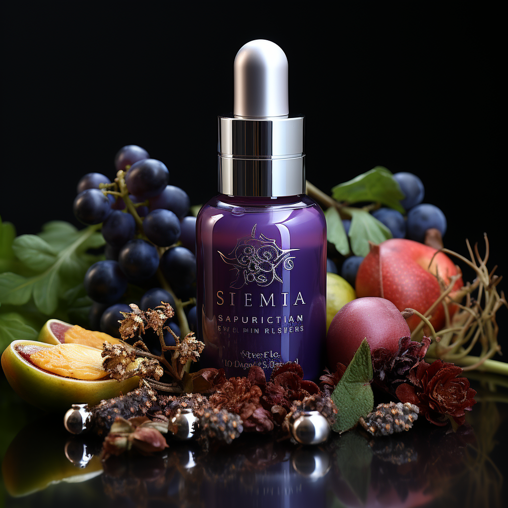 a luxury Antioxidant Serum with ingredients labeled as "Made with Organic Ingredients" on a Royal Purple background