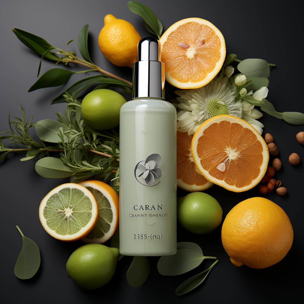 a luxury Brightening Toner with ingredients labeled as "Made with Organic Ingredients" on a background colored cool gray