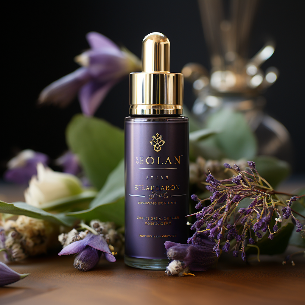 a luxury Exfoliating Serum with ingredients labeled as "Made with Organic Ingredients" on a Royal Purple background