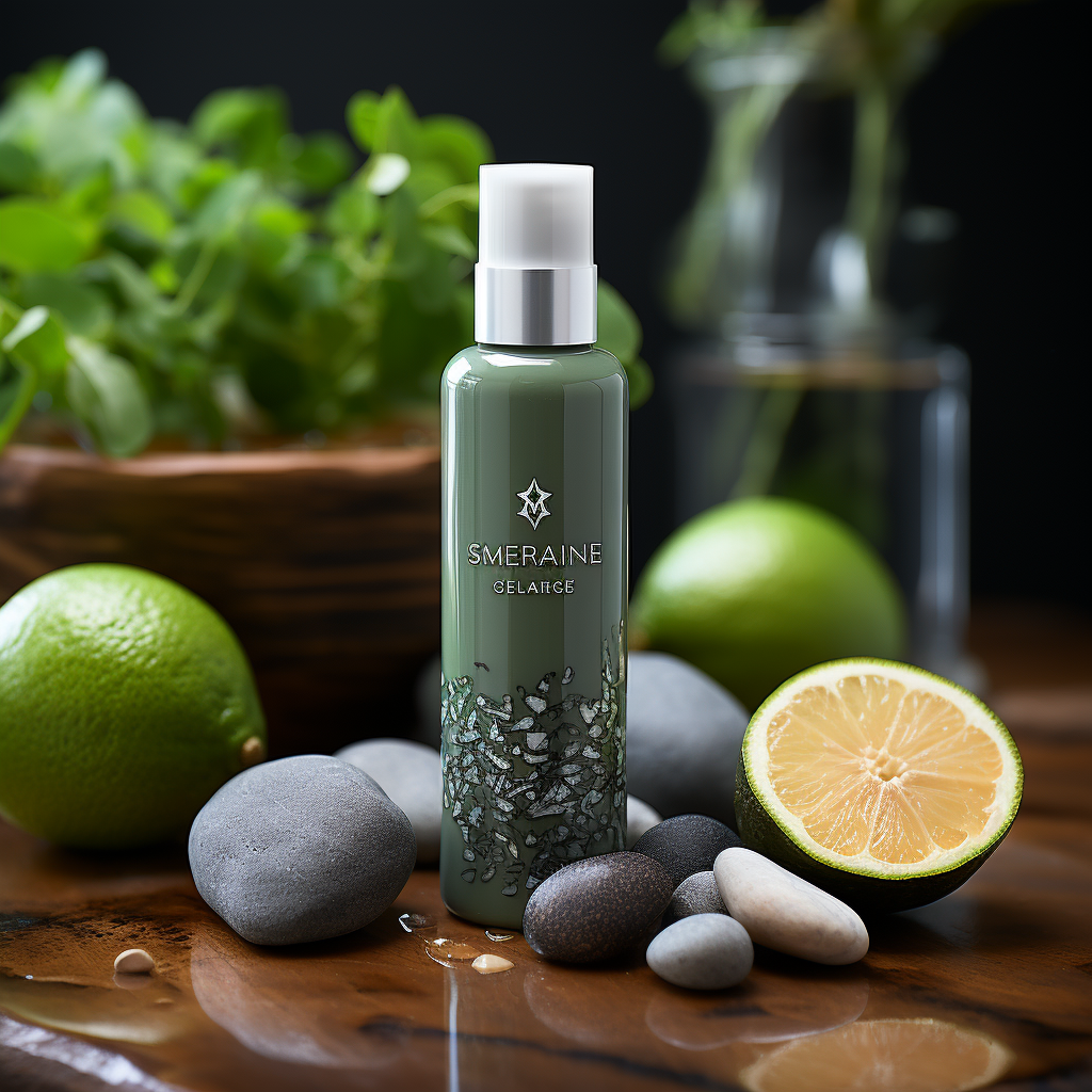 a luxury Exfoliating Toner with ingredients labeled as "Made with Organic Ingredients" on a background colored cool gray