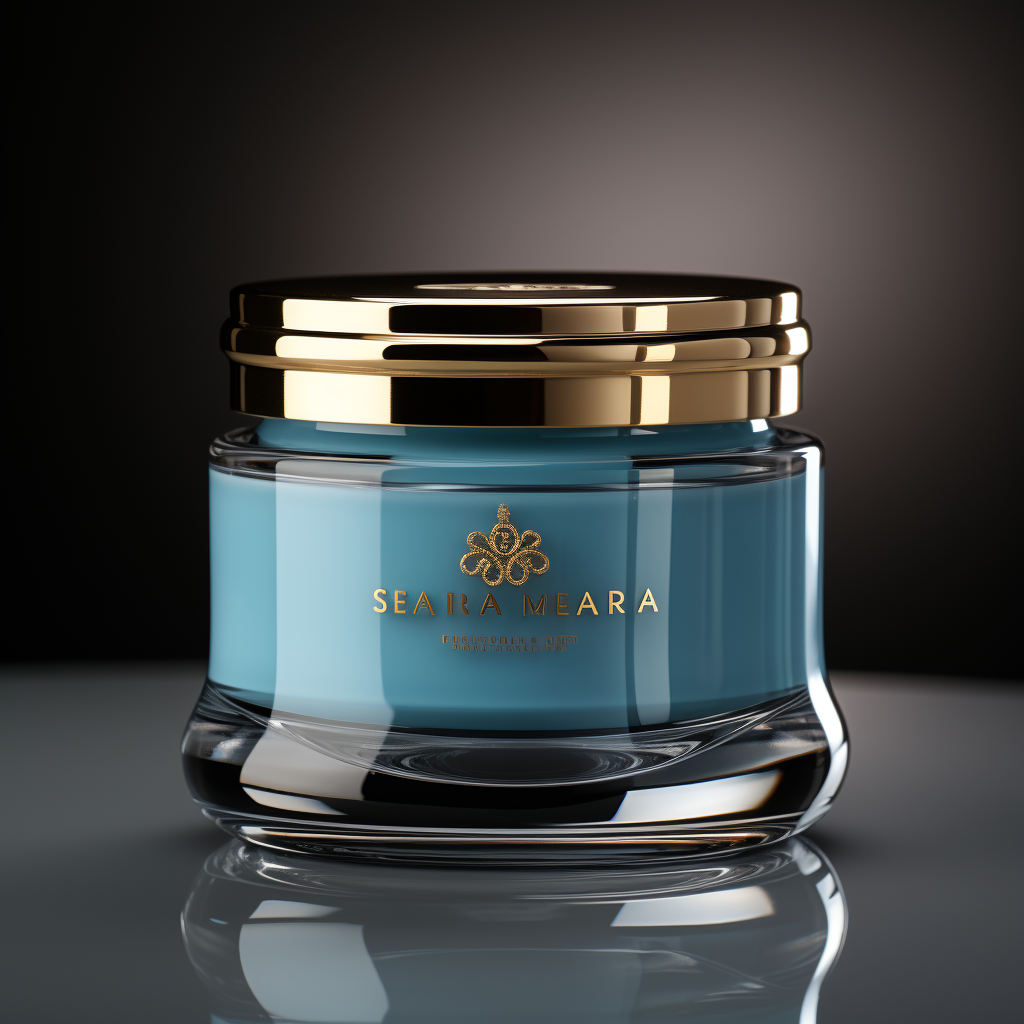 a luxury Face moisturizer Balm ina colored Glass Jar with a metal lid with ingredients labeled as "Made with Organic Ingredients" on a Sky Blue background