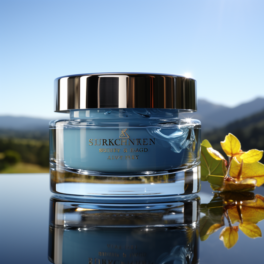 a luxury Face moisturizer gel in Glass Jar with ingredients labeled as "Made with Organic Ingredients" on a Sky Blue background