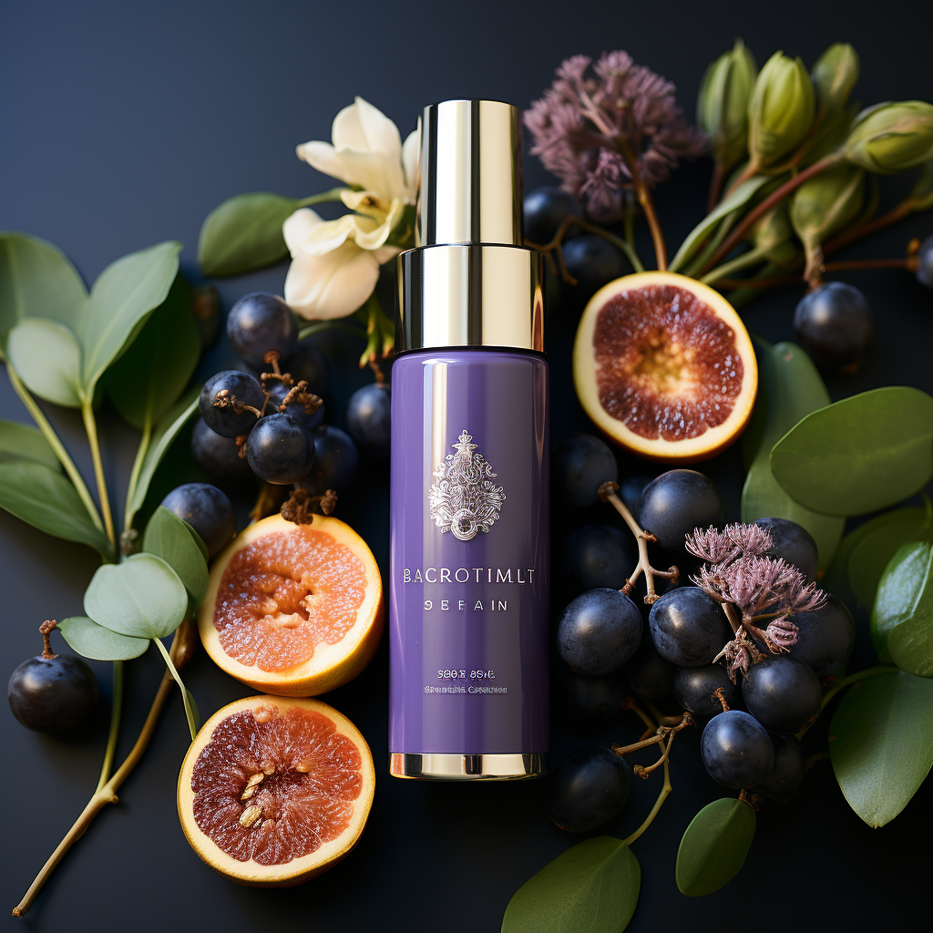 a luxury Firming Serum with ingredients labeled as "Made with Organic Ingredients" on a Royal Purple background