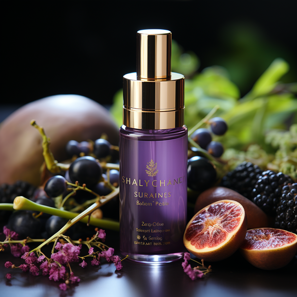 a luxury Hydrating Serum with ingredients labeled as "Made with organic ingredients" on a background colored Royal Purple