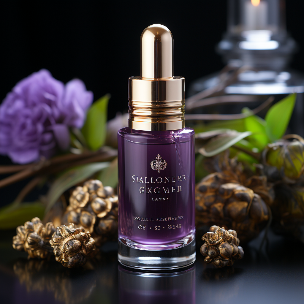 a luxury Slightly cloudy Brightening Serum with ingredients labeled as "Made with Organic Ingredients" on a background colored Royal Purple