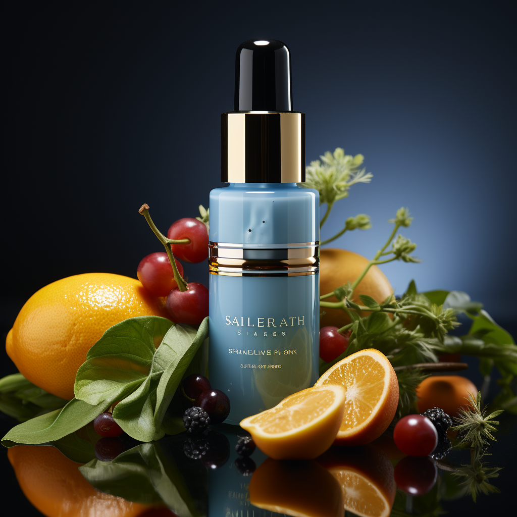 a luxury serum-based moisturizer in a Frosted Glass Dropper Bottle with ingredients labeled as "Made with Organic ingredients" on a Sky Blue background