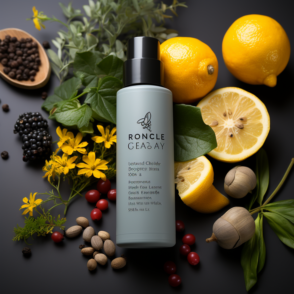 a luxury soothing toner with ingredients labeled as "Made with Organic Ingredients" on a background colored cool gray