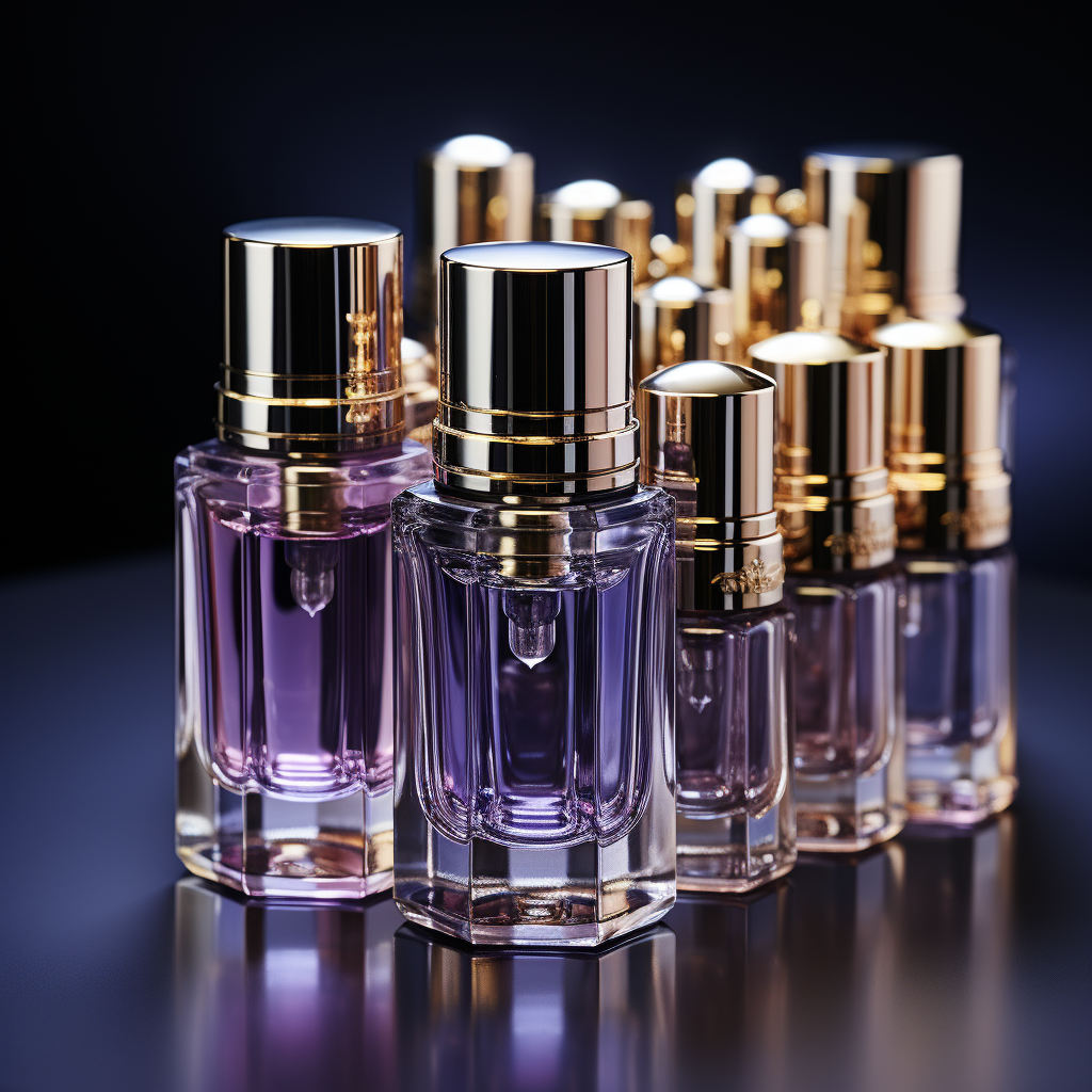 an eye-catching image of a variety of diffrent colors of luxury serums neatly arranged in rows on a royal purple background